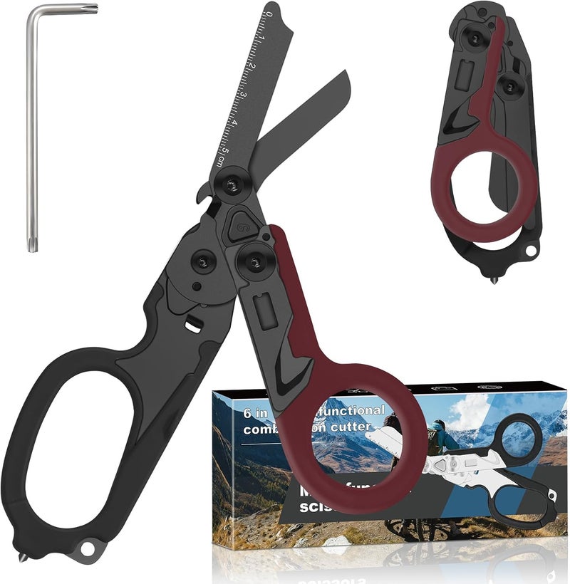 Lemasa 6-in-1 Heavy-Duty Emergency,trauma shears, Folding Retractable Emergency Shears, Outdoor Camping Tools, Seat Belt Cutter, Complimentary Adjustable Wrench (Electroplated black and red) - Image 1